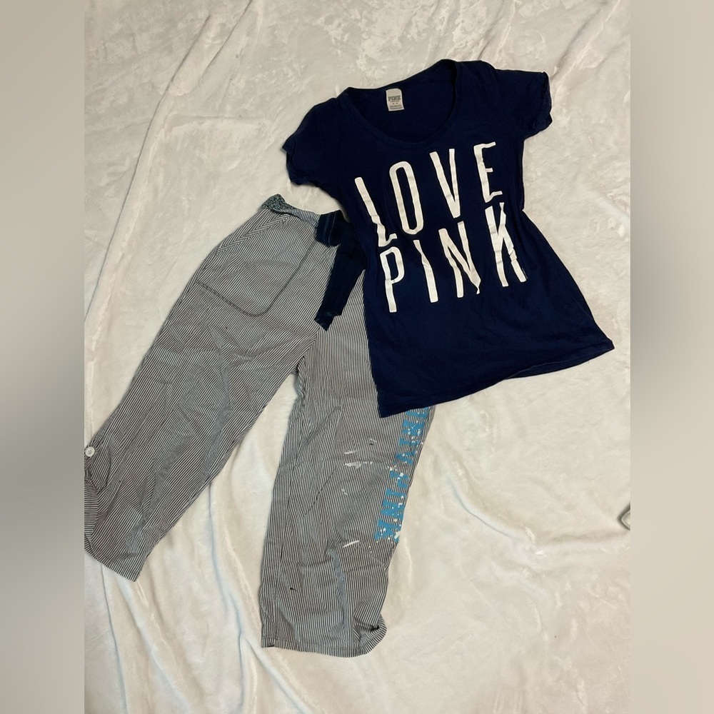 Vintage PINK Victoria's Secret Navy Blue Pj Capri Relaxed Set
